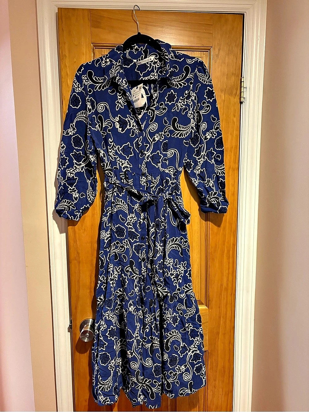 Zara Printed Midi Shirt Dress Paisley Midi Dress in Blue & White Size Medium